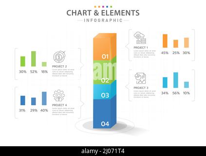 Modello infografico per il progetto aziendale. Diagramma a 3D barre con livelli a blocchi stratificati, infografica vettoriale di presentazione. Illustrazione Vettoriale