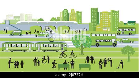 Città verde con trasporto locale, illustrazione Illustrazione Vettoriale