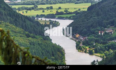 Vista del Saarschleife dalla torre a piedi sulla cima dell'albero. Una torre panoramica nel Saarland. Natura pura. Scenico una bella vista Foto Stock