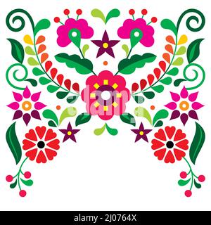 Biglietto d'auguri vettoriale in stile tradizionale arte popolare messicano o design d'invito con fiori rossi e rosa, motivo vibrante ispirato al ricamo di Me Illustrazione Vettoriale