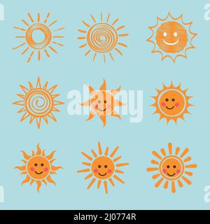 Set di icone sole, colore giallo. Divertimento in stile piatto. Illustrazione Vettoriale