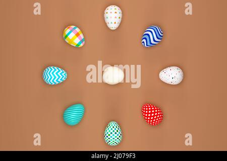 Uova di Pasqua colorate che circondano l'uovo bianco su sfondo verde. 3d rendering Foto Stock