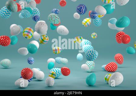 Uova di Pasqua colorate galleggianti nell'aria. 3d illustrazione Foto Stock