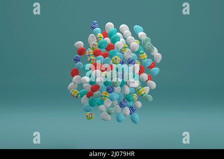 Uova di Pasqua colorate galleggianti nell'aria. 3d illustrazione Foto Stock