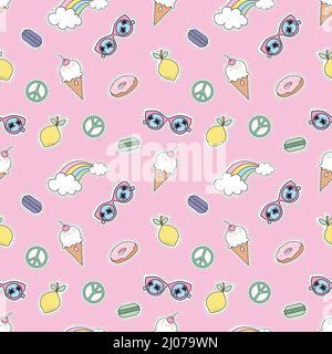 Modello senza cuciture con gelato, arcobaleno, limone, ciambella e altri. Elementi cute del bambino. Illustrazione Vettoriale