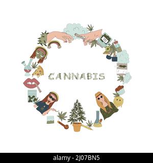 Il concetto di marijuana. Elementi diversi nel cerchio e la parola CANNABIS. Illustrazioni vettoriali piatte per stampe di magliette, poster e altri usi Illustrazione Vettoriale