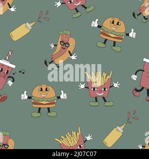 Modello senza cuciture con patatine fritte, hamburger e hot dog. Personaggi mascotte retrò. Illustrazione vettoriale piatta per stampe, poster e altri usi di magliette. Illustrazione Vettoriale