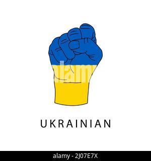 Mano aggrappata in un pugno nei colori della bandiera Ucraina. Il concetto di un'invasione militare dell'Ucraina. Nessuna guerra Illustrazione Vettoriale