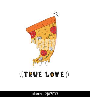 Un pezzo di pizza carattere in stile doodle e l'iscrizione VERO AMORE. Illustrazione vettoriale disegnata a mano. Illustrazione Vettoriale