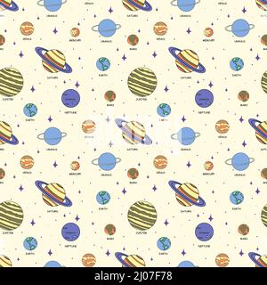 Doodle modello senza cuciture con tema spaziale. Pianeti del sistema solare. Carino illustrazione vettoriale piatta. Illustrazione Vettoriale