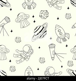 Dodle pattern senza giunture con elementi spaziali. Astronauta, pianeti, cannocchiale e razzi disegnati a mano, vettore di contorno Illustrazione Vettoriale