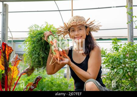 Donna felice con mazzo di carote appena raccolte nel giardino sul cortile. Agricoltura biologica, cibo sano stile di vita da fattoria a tavola. Foto Stock