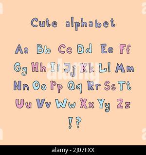 Doodle stile disegnato a mano contorno lettere colorate di alfabeto inglese, simpatico carattere decorativo divertente, lettere. Illustrazione Vettoriale