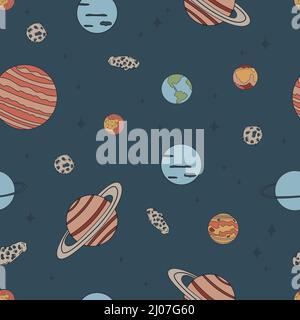 Doodle modello senza cuciture con tema spaziale. Pianeti del sistema solare. Carino illustrazione vettoriale piatta. Illustrazione Vettoriale