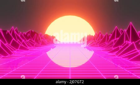 Tramonto retrò al neon. Vaporwave vintage 3D neon landscape.3D rendering Foto Stock