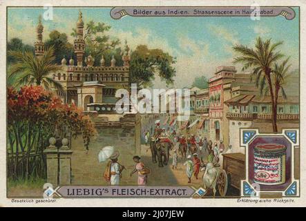 Serie Bilder aus Indien, Straßenszene in Haiderabad / Serie immagini dall'India, scena stradale in Haiderabad, Liebigbild, digitale migliorata la riproduzione di un'immagine da collezione da Liebig azienda, stimato da 1900, pd / digitale restaurierte Reproduktion eines Sammelbildes von ca 1900, gemeinfrei Foto Stock