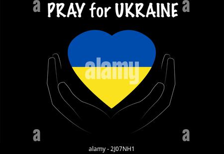 illustrazione vettoriale della bandiera ucraina vicino le mani e pregare per l'ucraina scritta isolata su nero Foto Stock