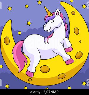 Unicorn dorme sulla Luna Cartoon colorato Illustrazione Vettoriale