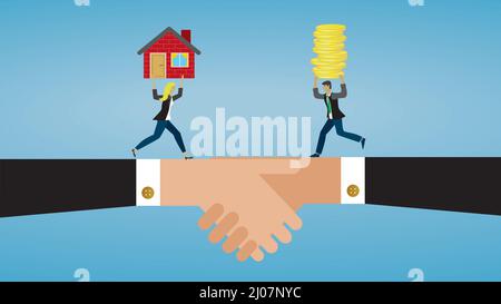 Bying e vendere casa e accordo. Dimensione 16:9. Illustrazione vettoriale. Illustrazione Vettoriale