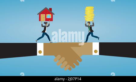 Bying e vendere casa e accordo. Dimensione 16:9. Illustrazione vettoriale. Illustrazione Vettoriale
