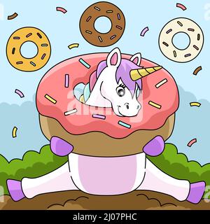 Unicorno seduto Stuck in un cartoon Donut colorato Illustrazione Vettoriale