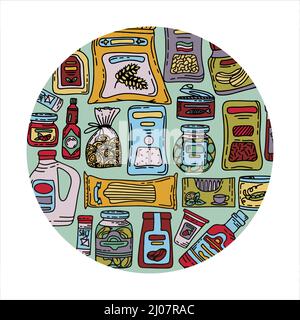 Banner per negozio di alimentari Vector Doodle. Icone di incisione disegnate a mano. Cibo e bevande. Prodotti in scatola naturale, panetteria e cereali Illustrazione Vettoriale