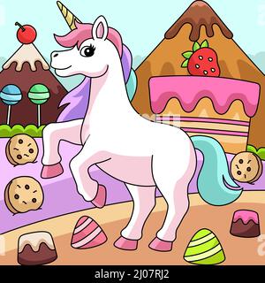 Unicorno in terra caramella cartoon colorato Illustrazione Vettoriale