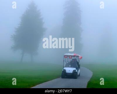 Golf cart a Crans sur Sierre campo da golf con nebbia a Crans Montana in Vallese, Svizzera. *** Didascalia locale *** golf cart,cart,auto,trasporto,g Foto Stock