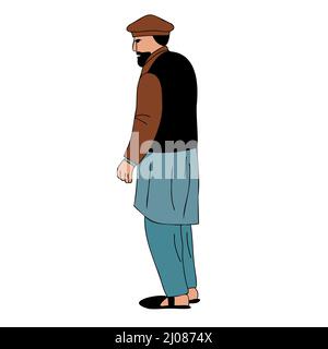 Uomo anziano portatore che indossa il vestito nazionale del Pakistan. Shalwar kameez e Sherwani, immagine vettoriale ritratto vista laterale vecchio uomo Illustrazione Vettoriale