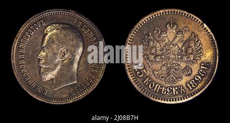 1896, Russia, imperatore Nicholas II. Argento 25 kopek, vecchia moneta Foto Stock
