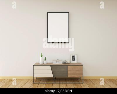 Telaio mockup con telaio vuoto, armadio moderno minimalismo e oggetto. 3d rendering. 3d illustrazione Foto Stock