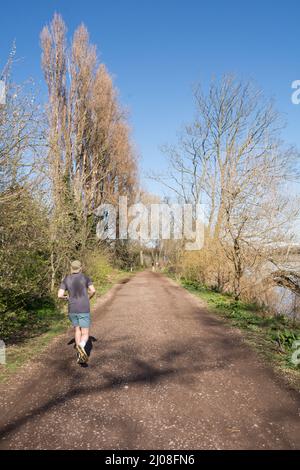 Un pareggiatore maschile che corre lungo il Thames Path, Putney, Londra, Inghilterra, Regno Unito Foto Stock