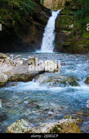 Cascata in una verde foresta di sorgenti circondata da pietre, acque cristalline turchesi su un paesaggio naturale impressionante. Sochi, Russia. Foto Stock