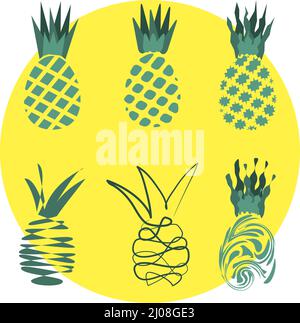 Icone impostate con ananas disegno a mano in uno stile moderno astratto e di contorno Illustrazione Vettoriale