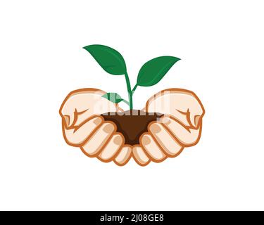 Green Plants Sostenibilità Illustrazione e problema ambientale simbolo con mani che tiene una piccola piante Illustrazione Vettoriale