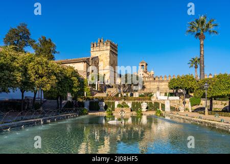 Wasserbecken, Gärten und Türme des Palastes, Alcázar de los Reyes Cristianos a Cordoba, Andalusia, Spanien | Giardini con piscine e torri del palazzo, Foto Stock