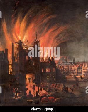 Il Grande fuoco di Londra, con Ludgate e Old St. Paul. Artista sconosciuto. CA. 1670. Foto Stock