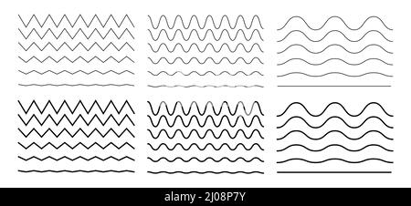 Linea curvilinea e a zig-zag. Forma d'onda a linea sottile diversa Illustrazione Vettoriale