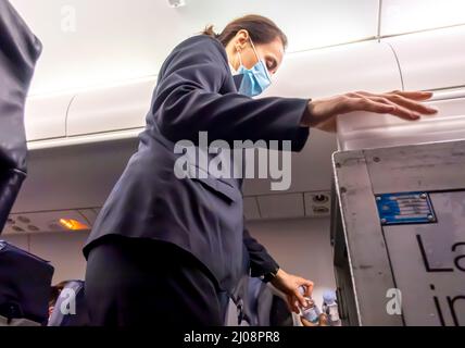 Assistente di volo femminile in maschera facciale che serve bevande d'acqua ai passeggeri seduti in sedie in una cabina di un aereo di una compagnia aerea della Croazia Foto Stock