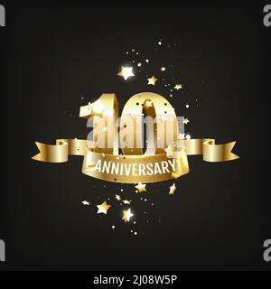 Anniversario 10. numeri gold 3D. Modello di poster per celebrare la festa dell'evento del 10th° anniversario. Illustrazione Vettoriale