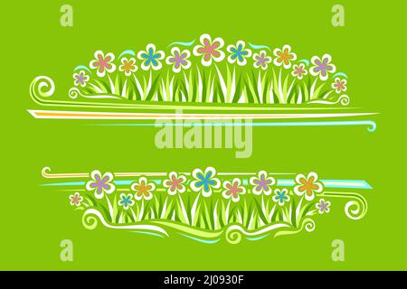 Bordo vettoriale per fiori selvatici con copyspace per testo, poster orizzontale con illustrazione di crisantemi semplici, cartoon gerber fiori su erba Illustrazione Vettoriale