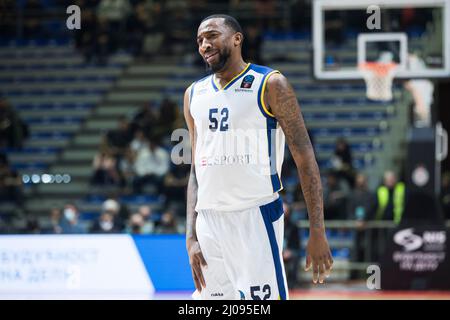 Belgrado, Serbia, 16th marzo 2022. Jordan McRae di Boulogne Metropolitans 92 reagisce durante la partita di pallacanestro Eurocup tra Partizan NIS Belgrado e Boulogne Metropolitans 92 a Belgrado, Serbia. Marzo 16, 2022. Credit: Nikola Krstic/Alamy Foto Stock