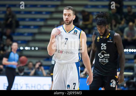 Belgrado, Serbia, 16th marzo 2022. Miralem Halilovic di Boulogne Metropolitans 92 reagisce durante la partita di pallacanestro Eurocup tra Partizan NIS Belgrado e Boulogne Metropolitans 92 a Belgrado, Serbia. Marzo 16, 2022. Credit: Nikola Krstic/Alamy Foto Stock