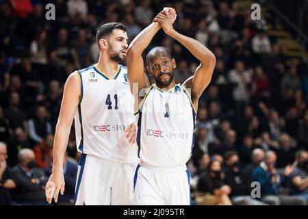 Belgrado, Serbia, 16th marzo 2022. Will Cummings of Boulogne Metropolitans 92 reagisce durante la partita di pallacanestro Eurocup tra Partizan NIS Belgrado e Boulogne Metropolitans 92 a Belgrado, Serbia. Marzo 16, 2022. Credit: Nikola Krstic/Alamy Foto Stock