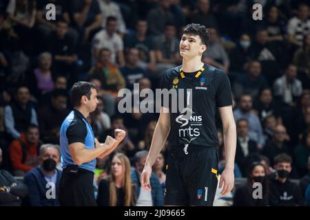 Belgrado, Serbia, 16th marzo 2022. Tristan Vukcevic di Partizan NIS Belgrado reagisce durante la partita di pallacanestro Eurocup tra Partizan NIS Belgrado e Boulogne Metropolitans 92 a Belgrado, Serbia. Marzo 16, 2022. Credit: Nikola Krstic/Alamy Foto Stock