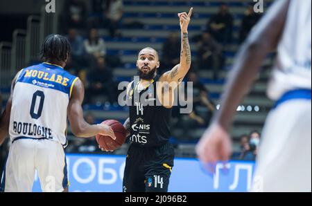 Belgrado, Serbia, 16th marzo 2022. Dallas Moore of Partizan NIS Belgrado gesti durante la partita di pallacanestro Eurocup tra Partizan NIS Belgrado e Boulogne Metropolitans 92 a Belgrado, Serbia. Marzo 16, 2022. Credit: Nikola Krstic/Alamy Foto Stock