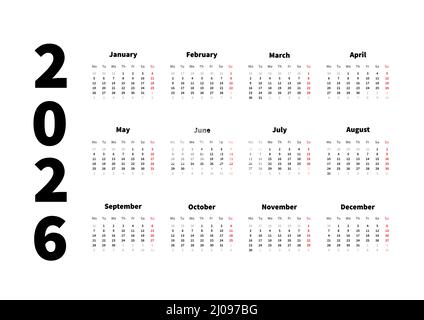 2026 anni semplice calendario orizzontale in inglese, calendario tipografico isolato su bianco Illustrazione Vettoriale