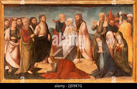 VALENCIA, SPAGNA - 14 FEBBRAIO 2022: Il dipinto della Risurrezione di Lazzaro nella Cattedrale - Basilica dell'Assunzione della Madonna Foto Stock