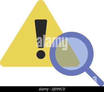 Icona di controllo dei rischi. Simboli di attenzione e avvertenza e icone a lente d'ingrandimento. Vettore modificabile. Illustrazione Vettoriale