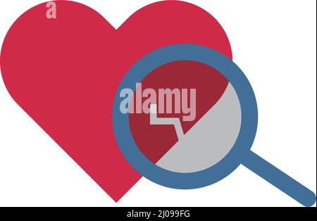 Controllo della salute mentale. Simbolo del cuore incrinato e lente d'ingrandimento. Vettore modificabile. Illustrazione Vettoriale